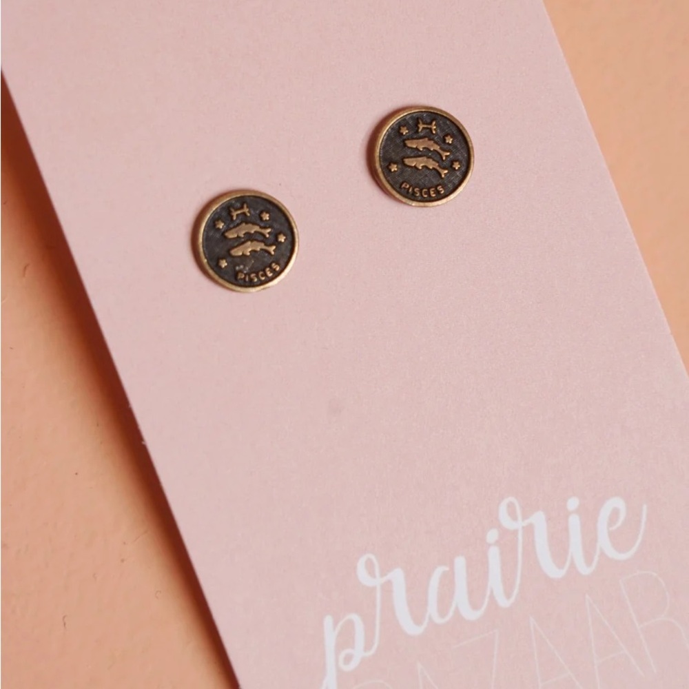 Deadstock Vintage Tiny Pisces Antique Brass Pisces Zodiac Stud Earrings